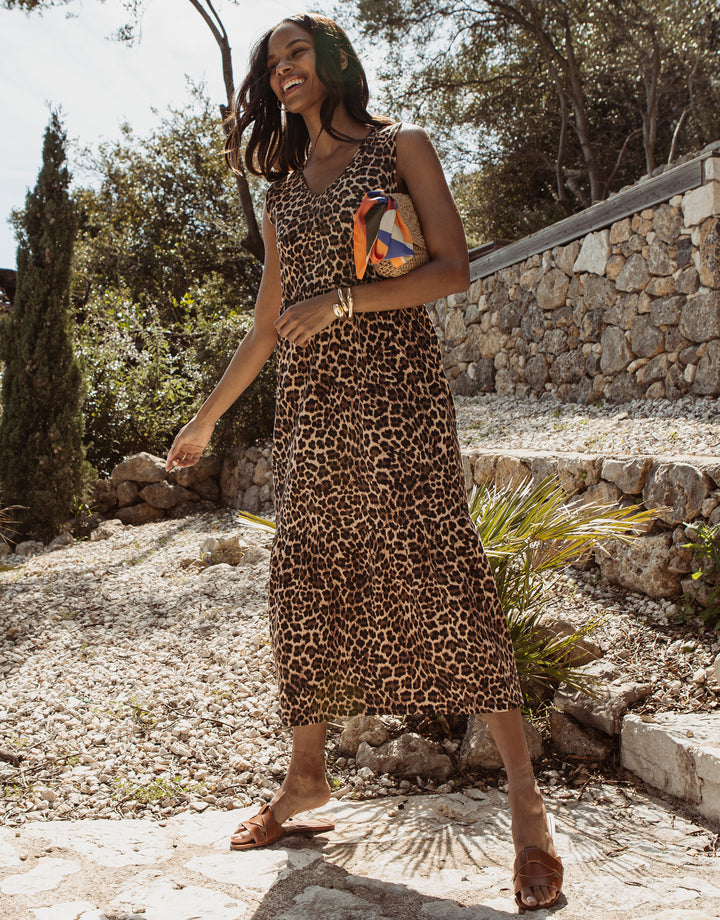 Leopard Print Tiered Sleeveless Midi Dress with Pockets