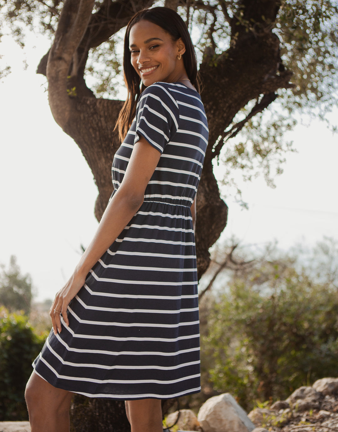 Navy Stripe Jersey Smock Dress with Pockets