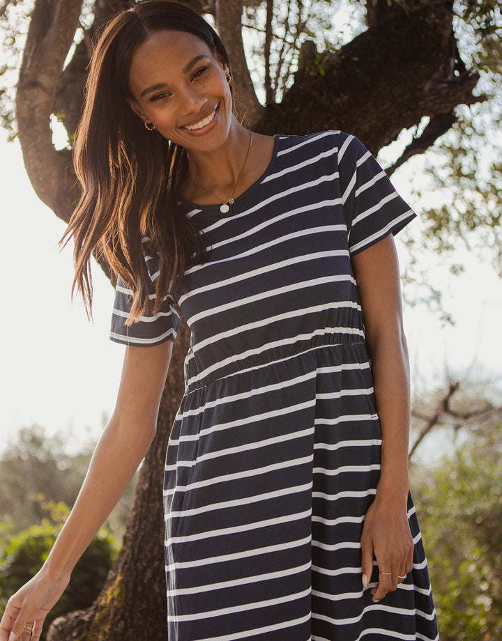 Navy Stripe Jersey Smock Dress with Pockets