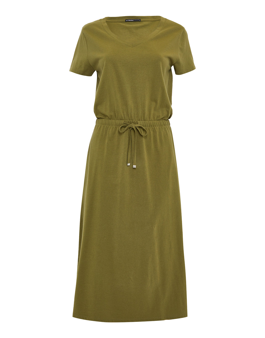 Khaki Green Jersey Short Sleeve V Neck Midi Dress