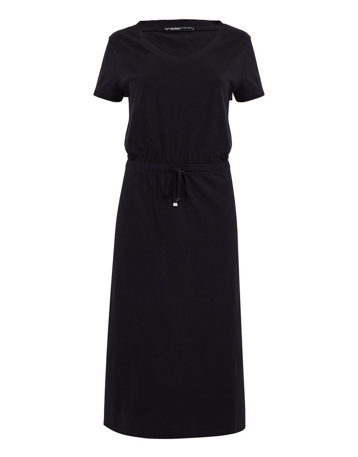 Black Jersey Short Sleeve V Neck Midi Dress