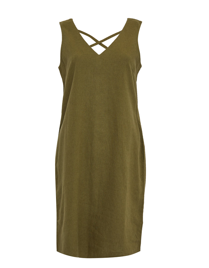 Khaki Green Linen Blend Sleeveless Shift Dress