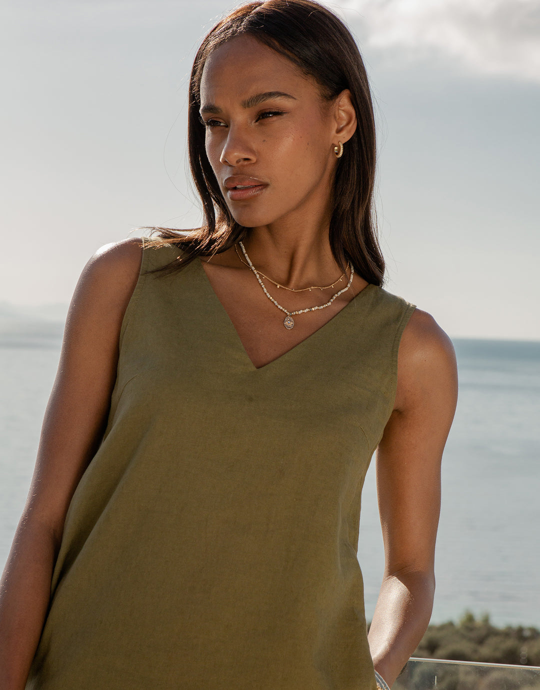 Khaki Green Linen Blend Sleeveless Shift Dress