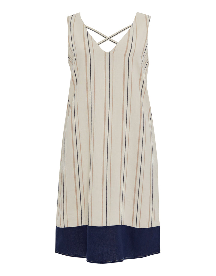 Stone Stripe Linen Blend Sleeveless Shift Dress with Contrast Navy Hem