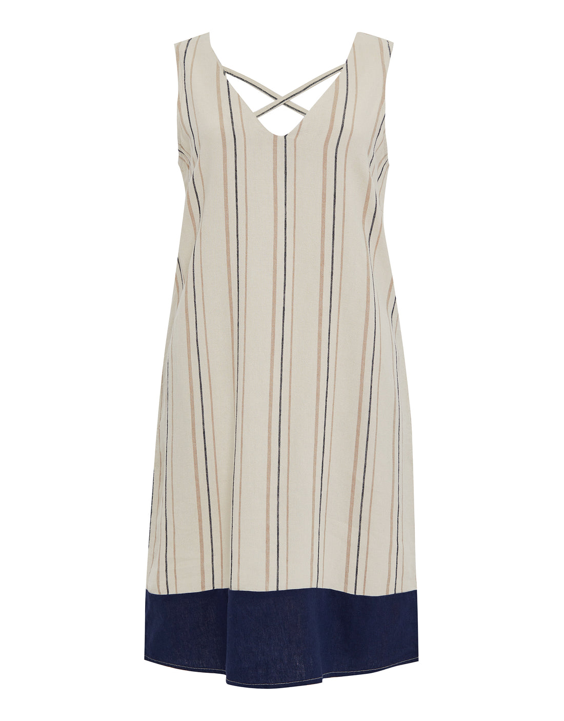 Womens Stone Stripe Linen Blend Sleeveless V Neck Crossback Shift Dress With Contrast Navy Hem