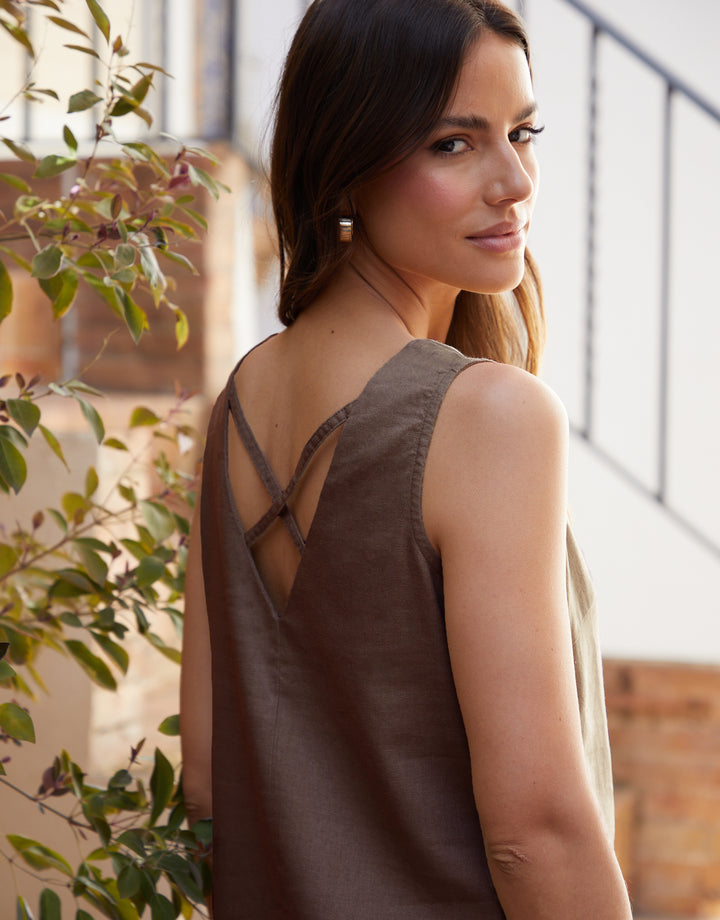 Chocolate Brown Linen Blend Sleeveless Shift Dress