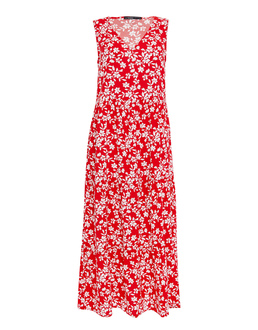 Red Floral Print Tiered V-Neck Midi Dress