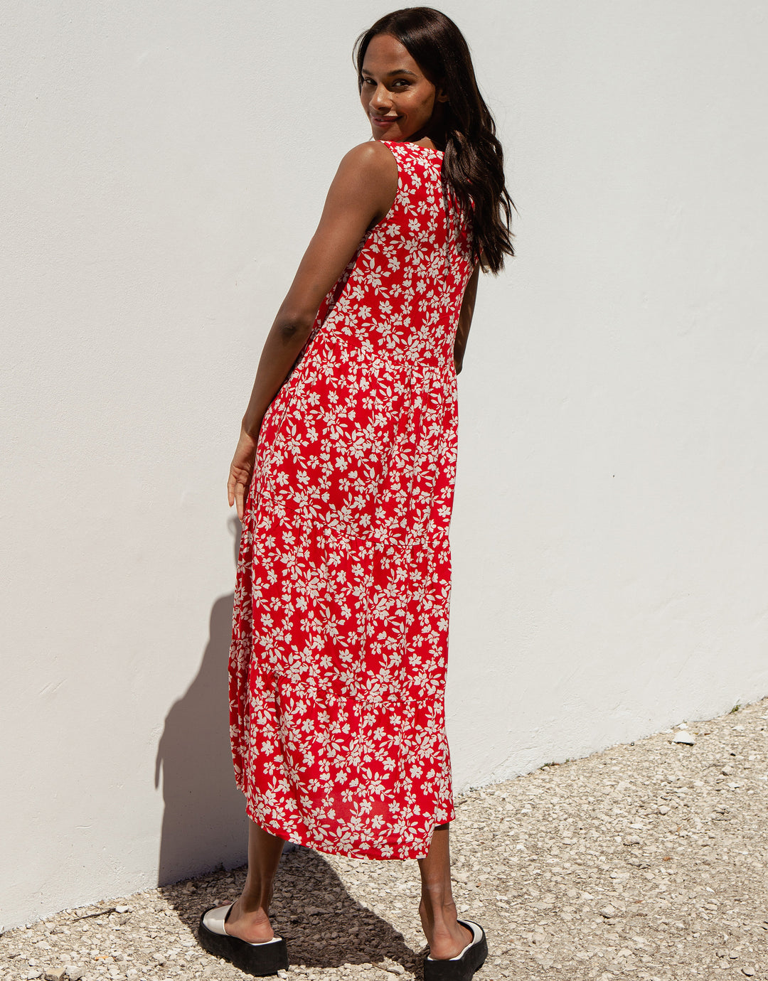 Red Floral Print Tiered V-Neck Midi Dress