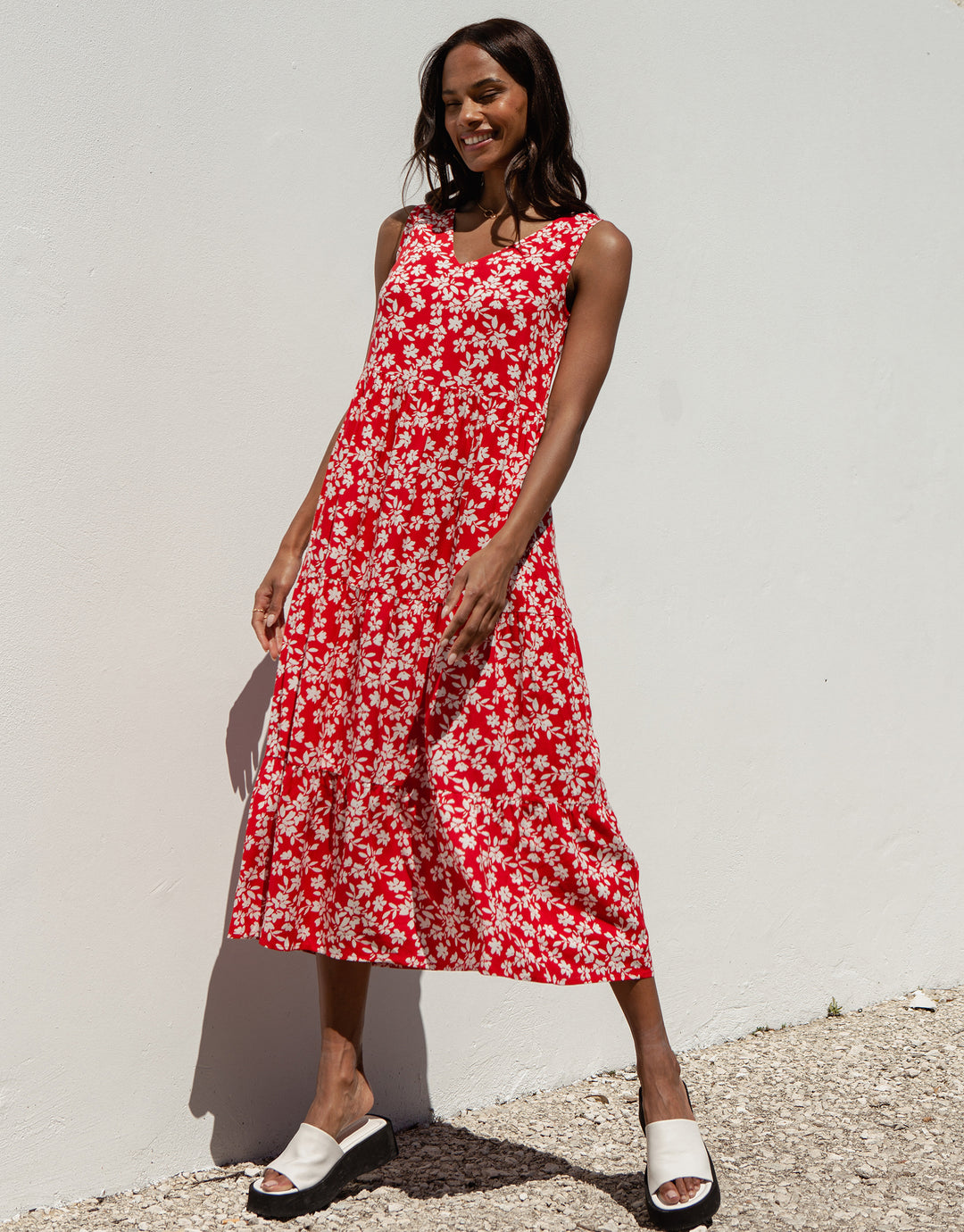 Red Floral Print Tiered V-Neck Midi Dress