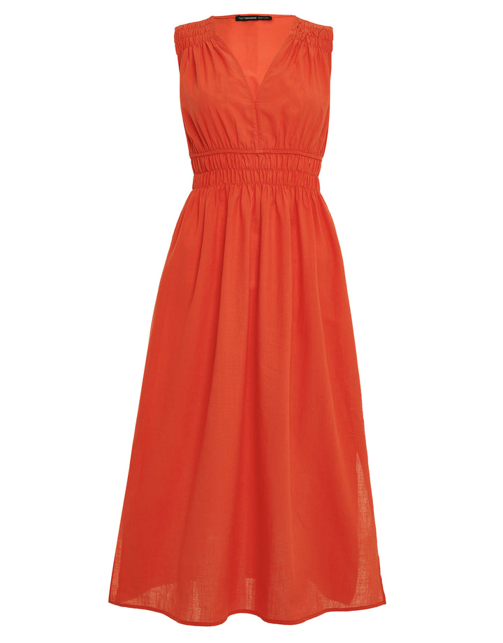 Orange Linen Blend Ruched Midi Dress
