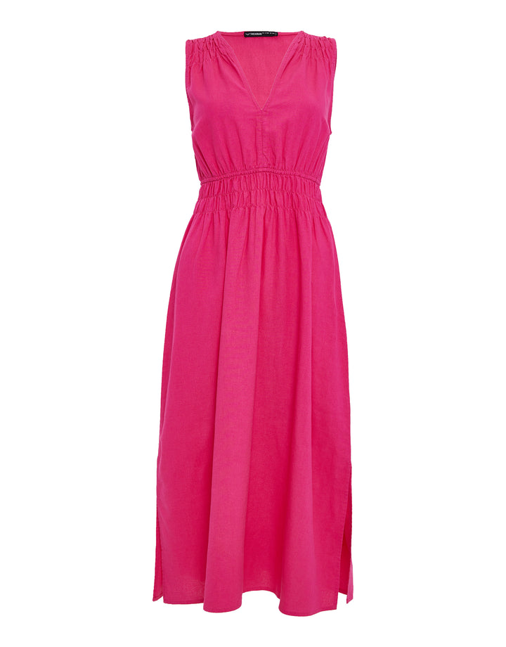 Hot Pink Linen Blend Ruched Midi Dress