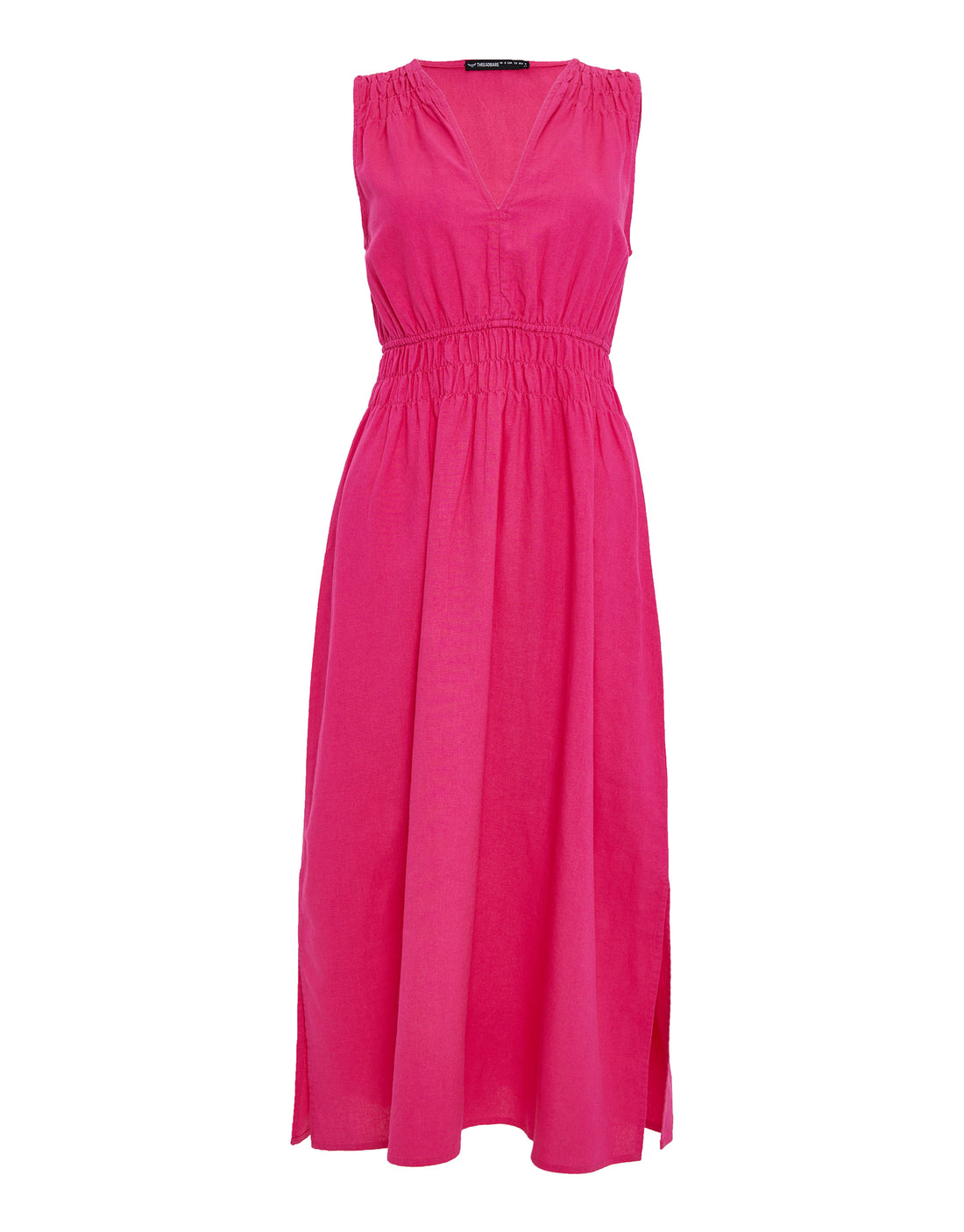 Womens Hot Pink Linen Blend Ladies V Neck Sleeveless Ruched Midi Dress Threadbare 