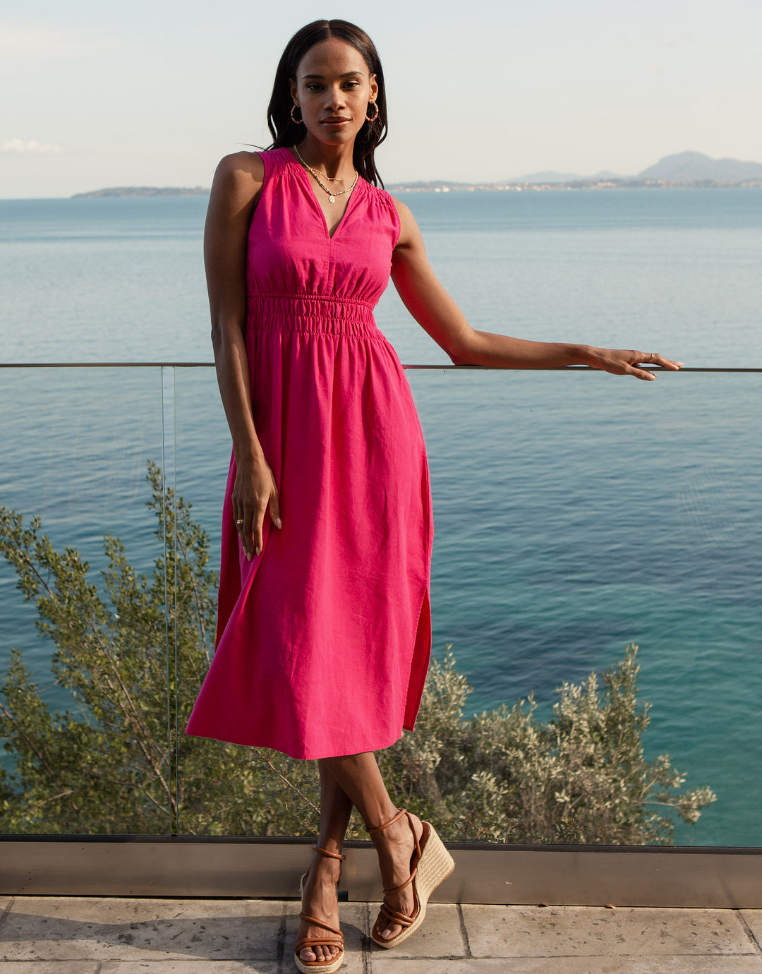 Hot Pink Linen Blend Ruched Midi Dress