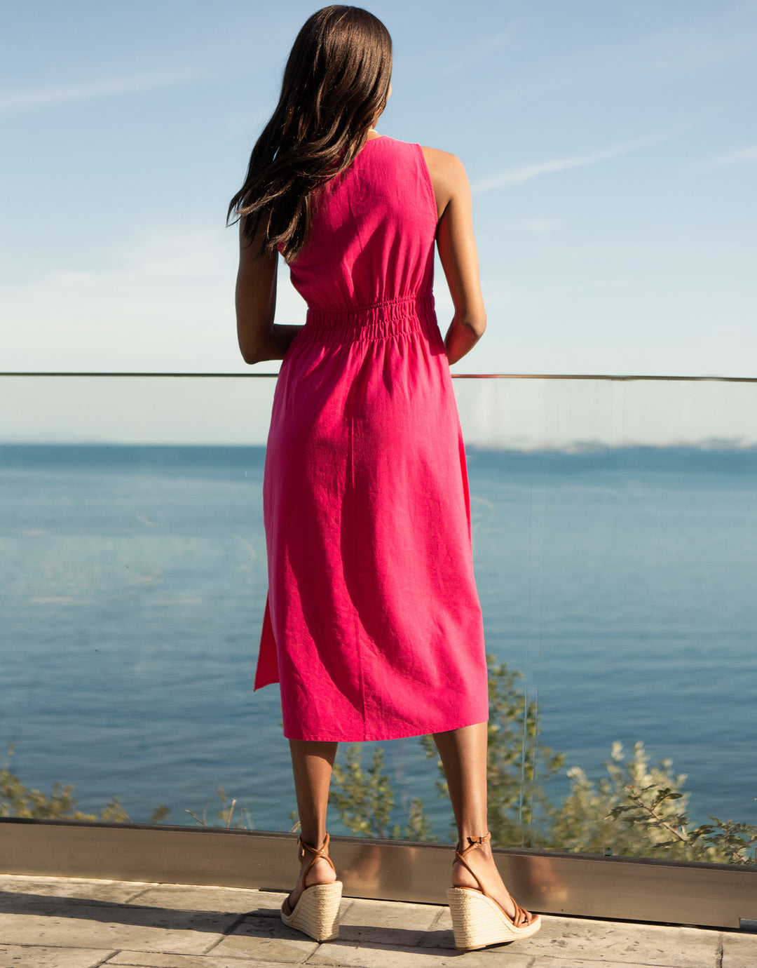 Hot Pink Linen Blend Ruched Midi Dress