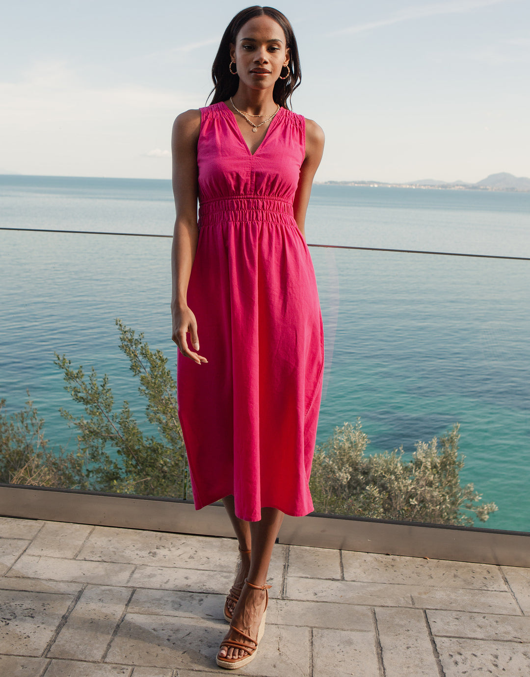 Hot Pink Linen Blend Ruched Midi Dress