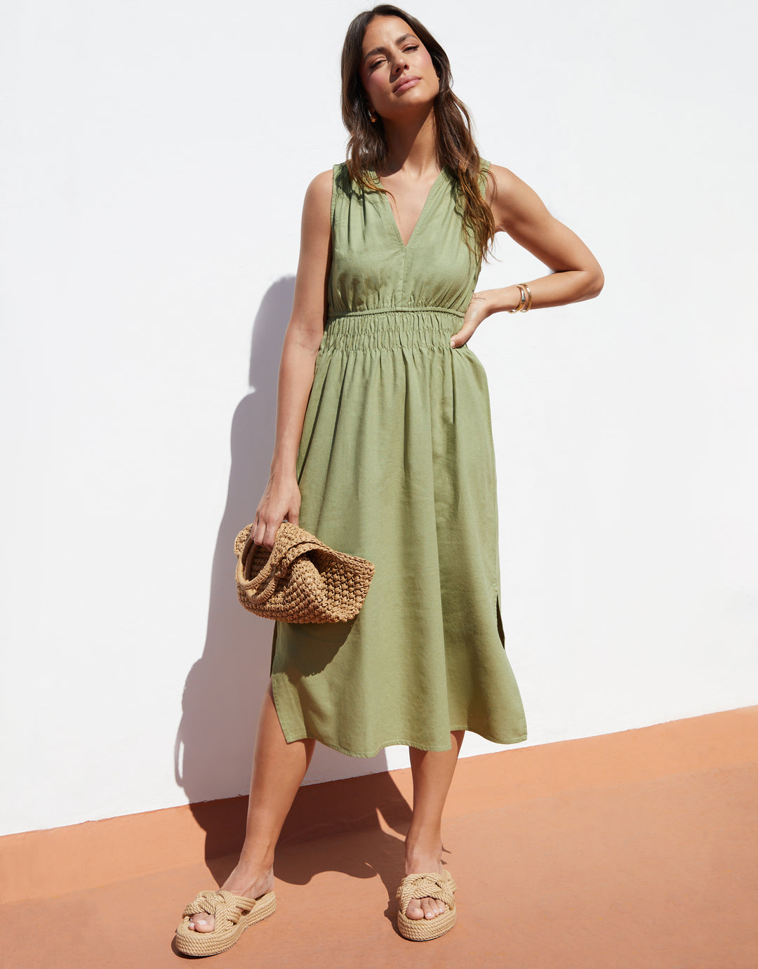 Sage Green Linen Blend Ruched Midi Dress