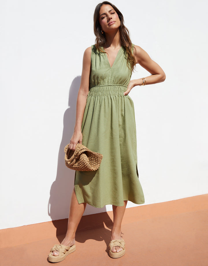 Sage Green Linen Blend Ruched Midi Dress