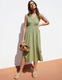 Sage Green Linen Blend Ruched Midi Dress