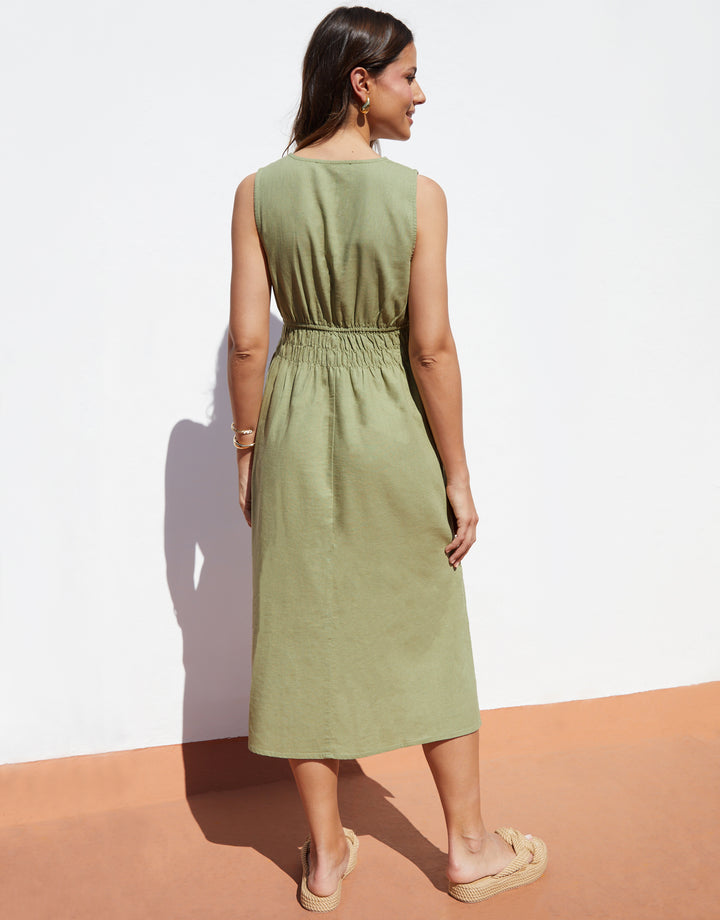 Sage Green Linen Blend Ruched Midi Dress