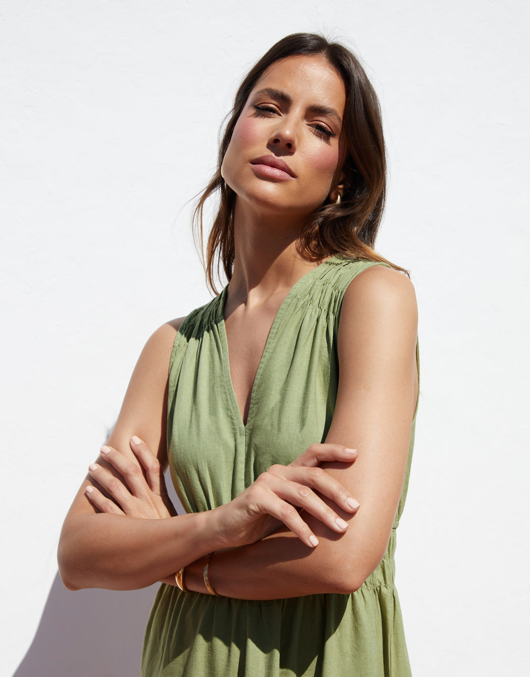 Sage Green Linen Blend Ruched Midi Dress