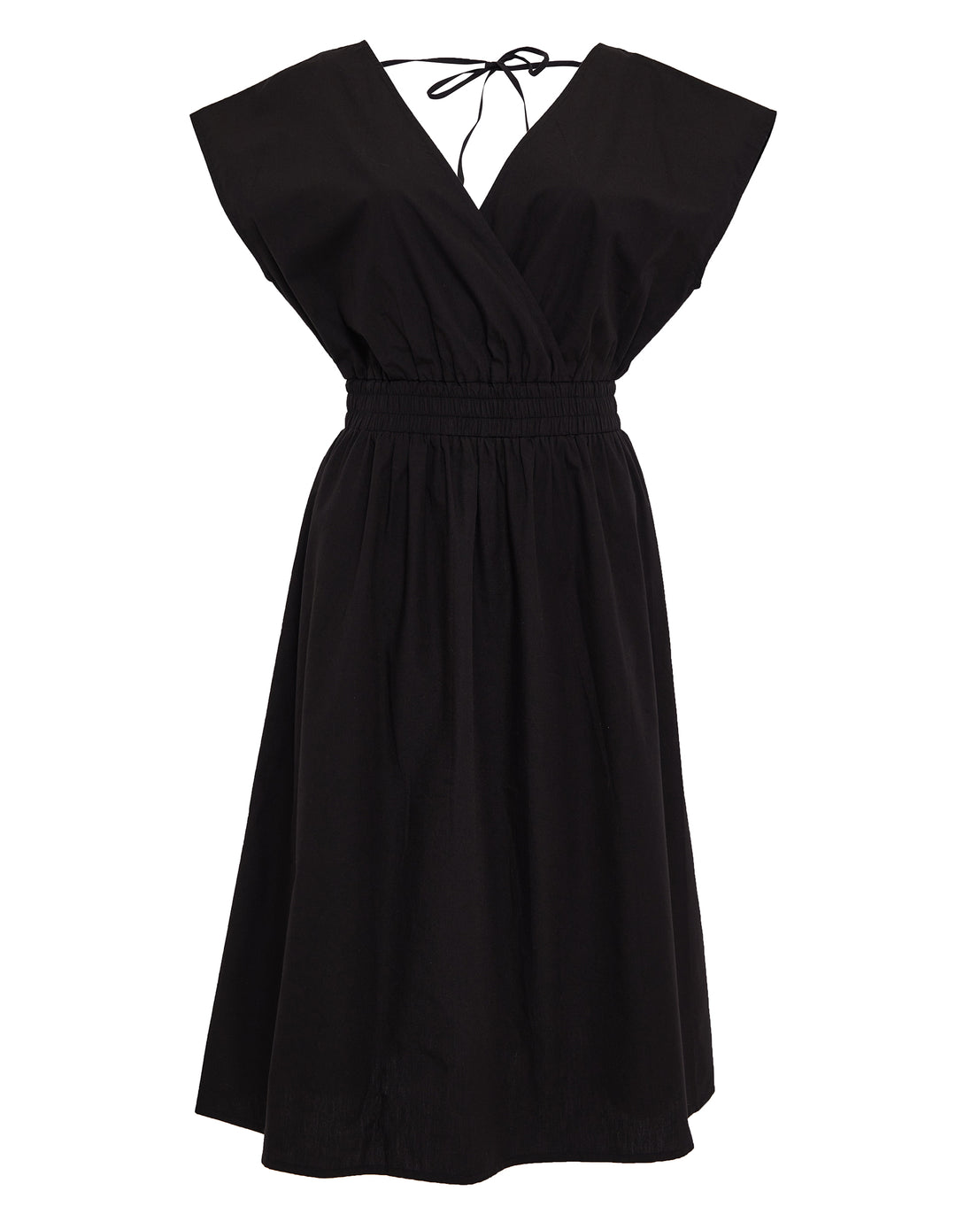 Black Cotton Poplin Tie Waist Sleeveless Midi Dress