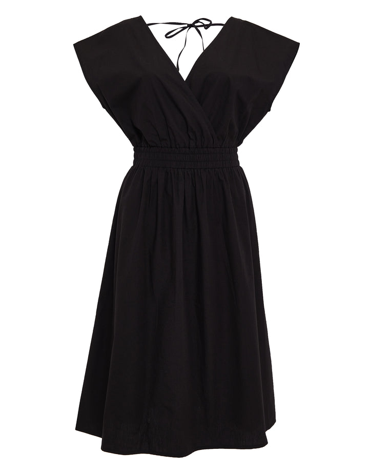 Black Cotton Poplin Tie Waist Sleeveless Midi Dress