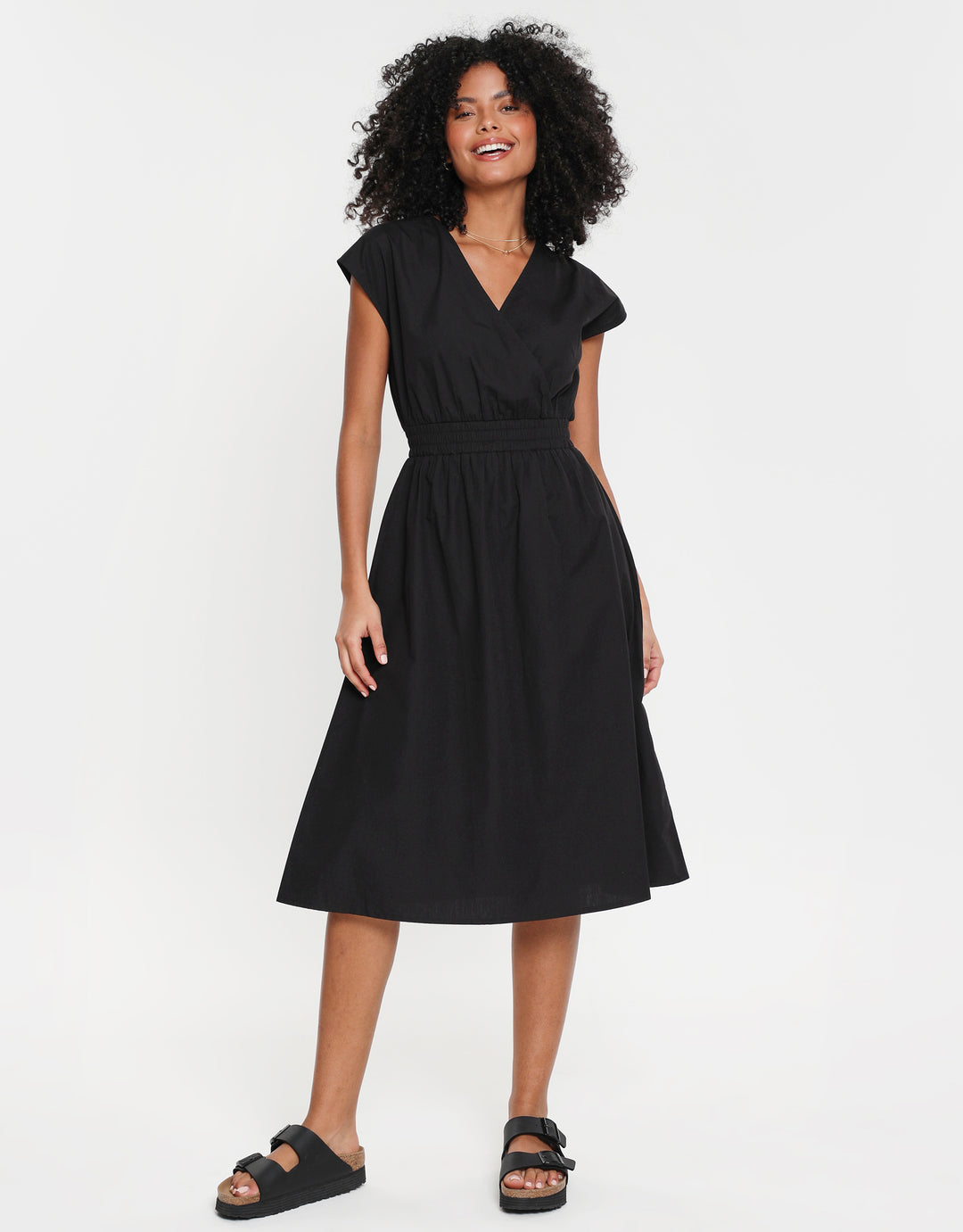 Black Cotton Poplin Tie Waist Sleeveless Midi Dress