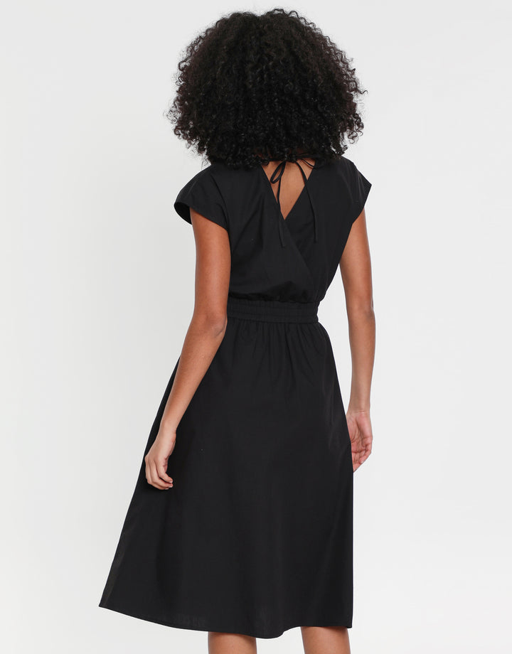 Black Cotton Poplin Tie Waist Sleeveless Midi Dress