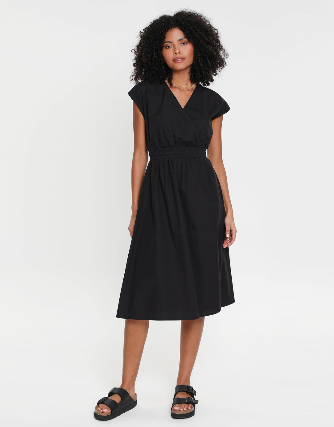 Black Cotton Poplin Tie Waist Sleeveless Midi Dress
