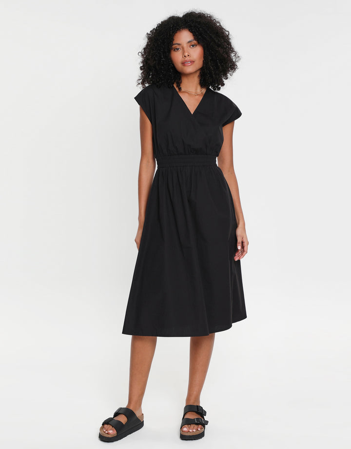 Black Cotton Poplin Tie Waist Sleeveless Midi Dress