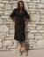 Black Cotton Poplin V Neck Tie Belt Puff Sleeve Tiered Midi Dress