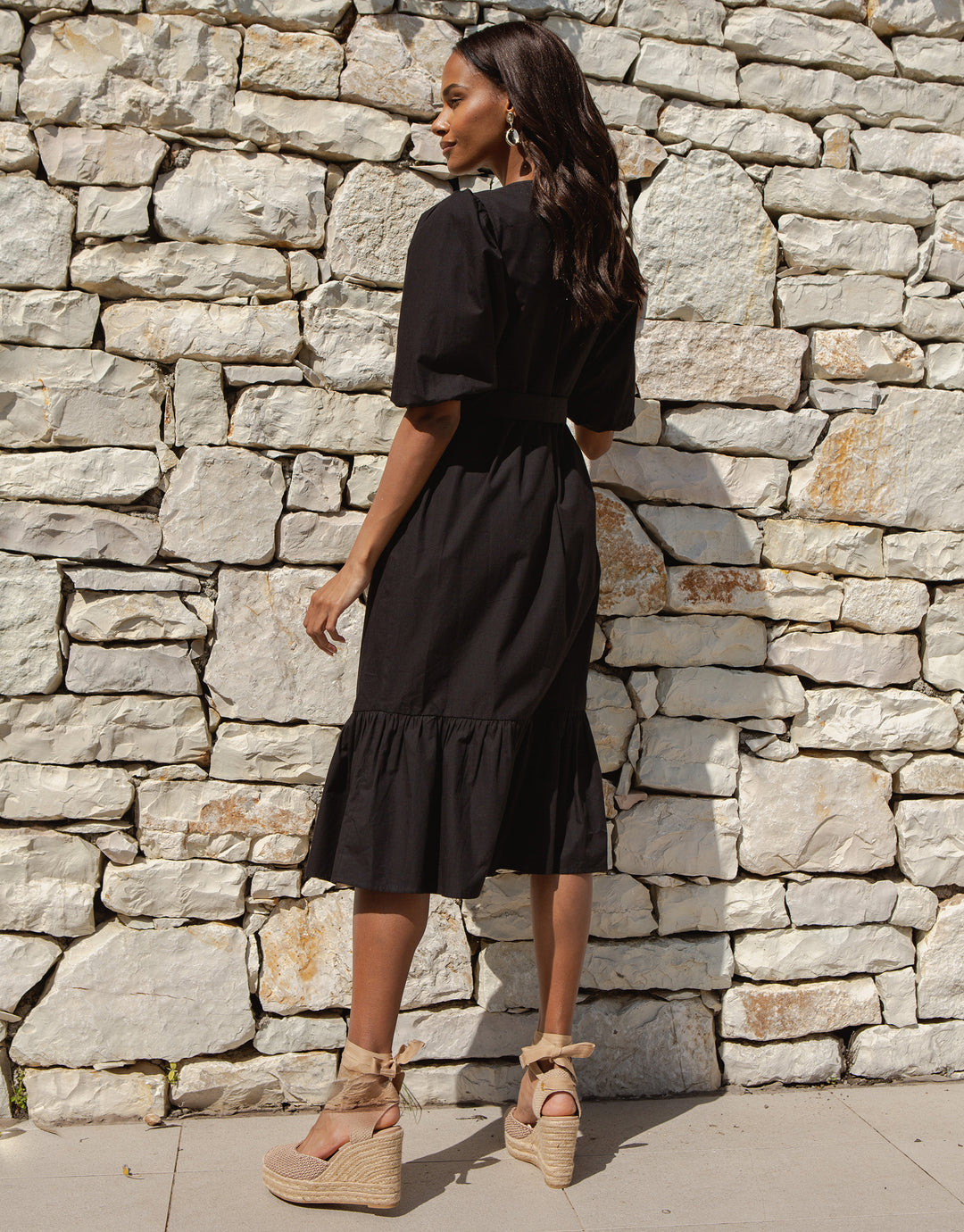 Black Cotton Poplin V Neck Tie Belt Puff Sleeve Tiered Midi Dress