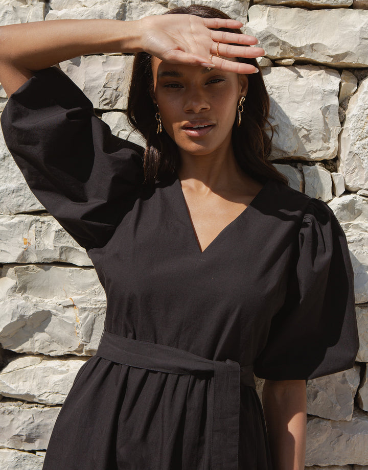 Black Cotton Poplin V Neck Tie Belt Puff Sleeve Tiered Midi Dress