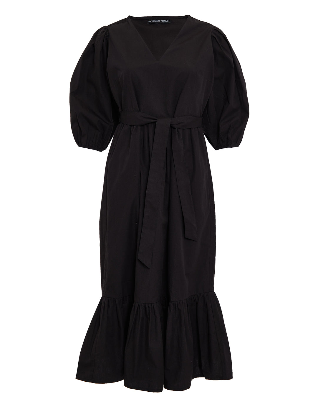 Black Cotton Poplin V Neck Tie Belt Puff Sleeve Tiered Midi Dress