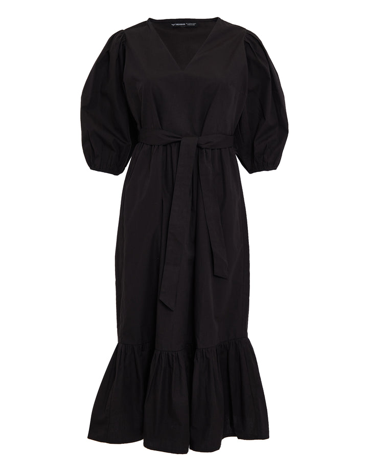 Black Cotton Poplin V Neck Tie Belt Puff Sleeve Tiered Midi Dress