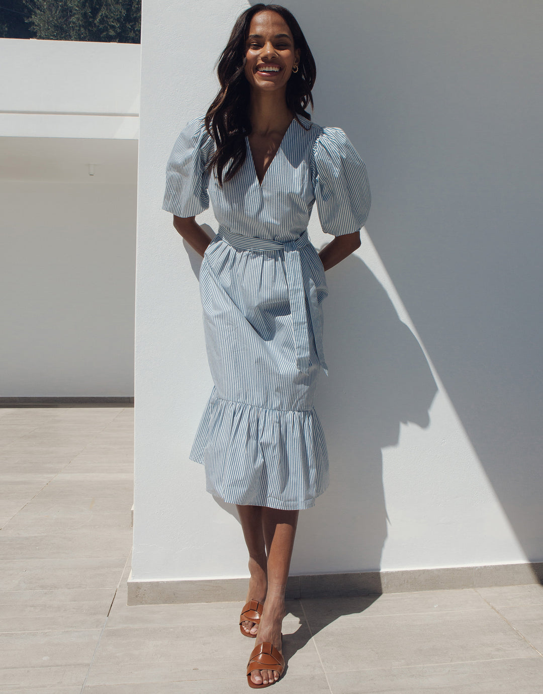 Blue Stripe Cotton Poplin V Neck Tie Belt Puff Sleeve Tiered Midi Dress