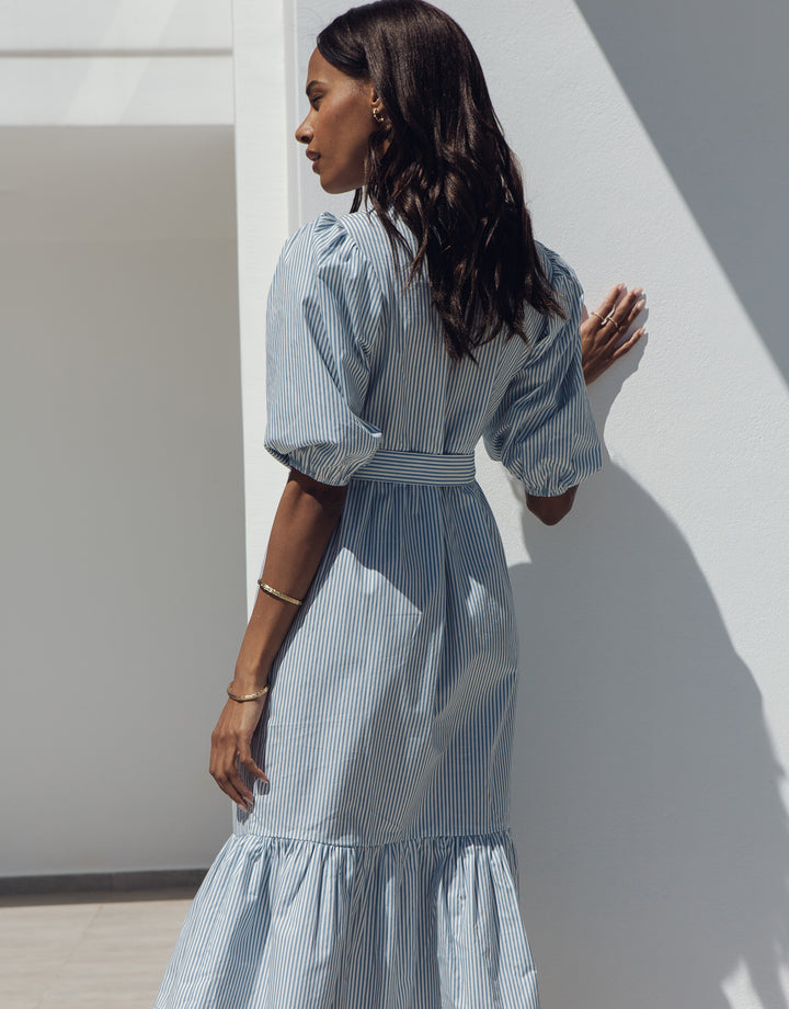Blue Stripe Cotton Poplin V Neck Tie Belt Puff Sleeve Tiered Midi Dress