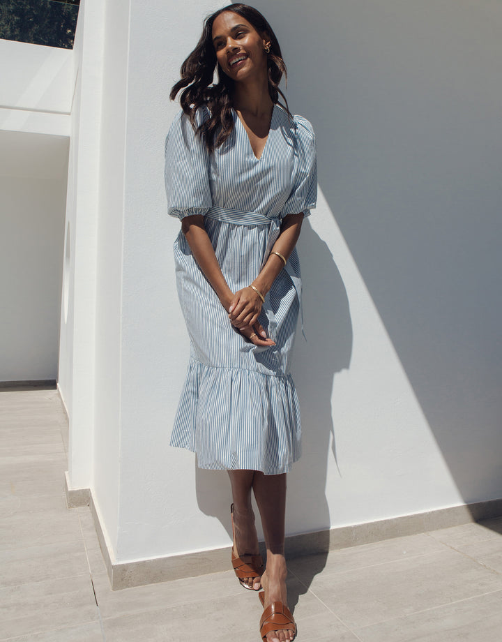 Blue Stripe Cotton Poplin V Neck Tie Belt Puff Sleeve Tiered Midi Dress