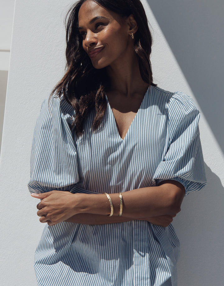 Blue Stripe Cotton Poplin V Neck Tie Belt Puff Sleeve Tiered Midi Dress