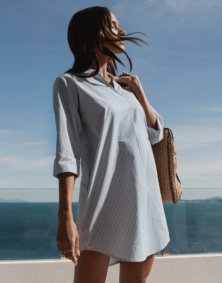 Blue Stripe Cotton Poplin V Neck Collared Shirt Dress With Pockets
