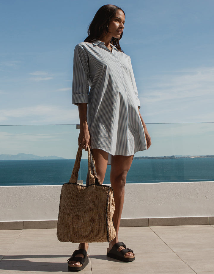 Blue Stripe Cotton Poplin V Neck Collared Shirt Dress With Pockets