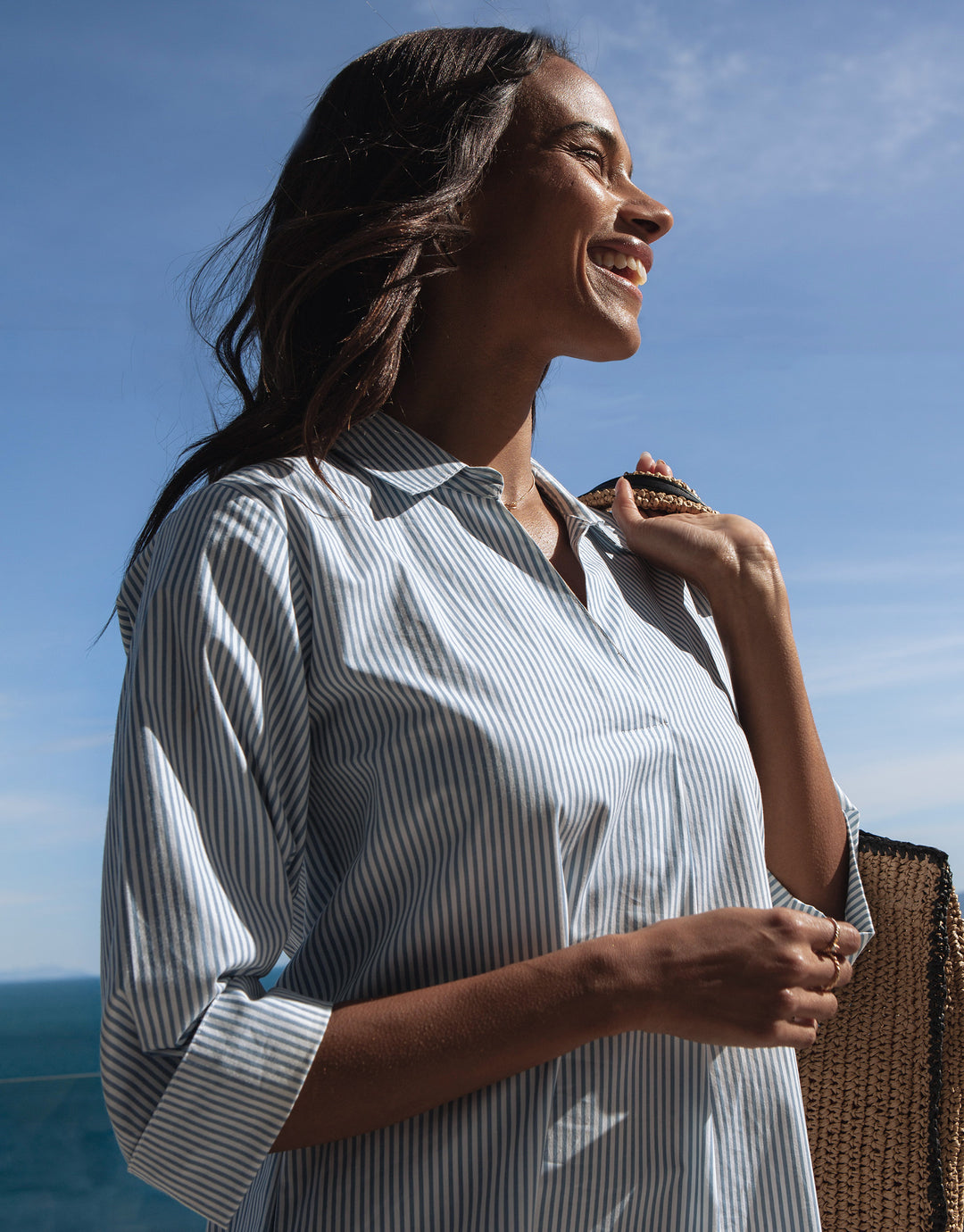 Blue Stripe Cotton Poplin V Neck Collared Shirt Dress With Pockets