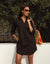 Black Cotton Poplin V Neck Collared Shirt Dress With Pockets