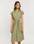 Khaki Green Cotton Poplin V Neck Open Collar Shirt Dress With Tie Belt
