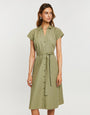 Khaki Green Cotton Poplin V Neck Open Collar Shirt Dress With Tie Belt
