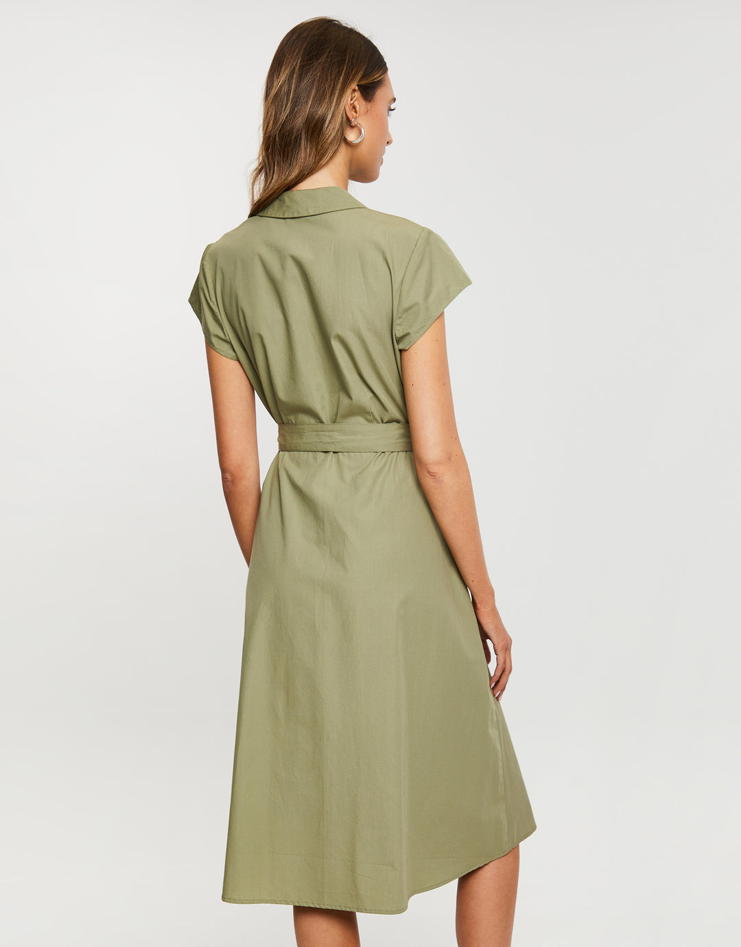 Khaki Green Cotton Poplin V Neck Open Collar Shirt Dress With Tie Belt