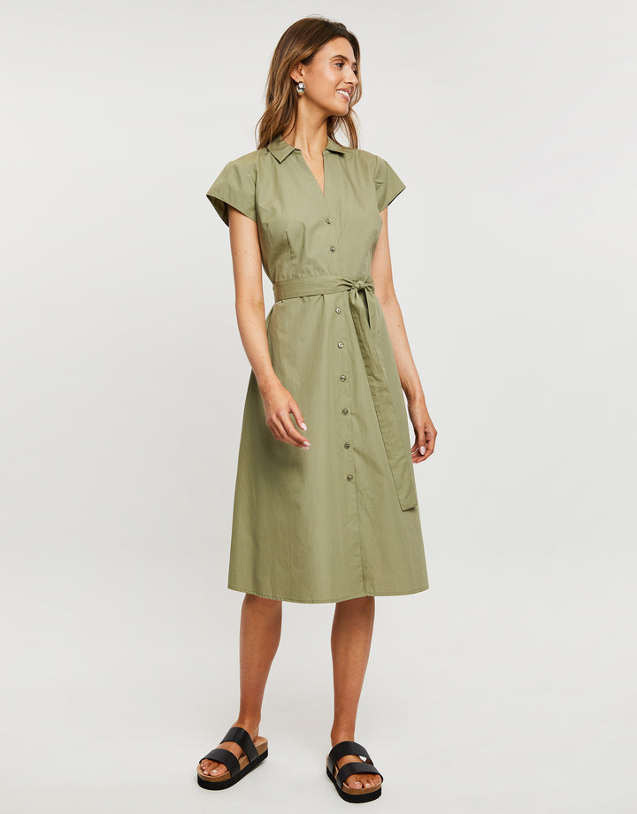 Khaki Green Cotton Poplin V Neck Open Collar Shirt Dress With Tie Belt