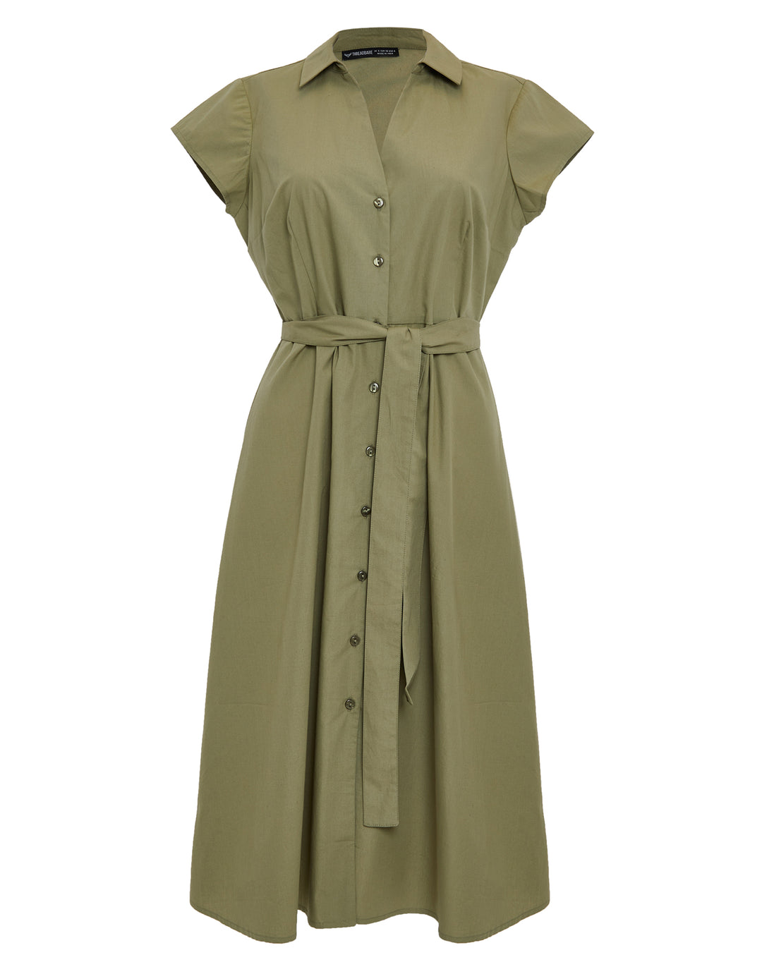 Khaki Green Cotton Poplin V Neck Open Collar Shirt Dress With Tie Belt