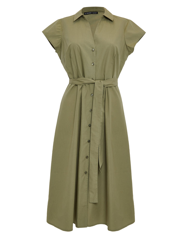 Khaki Green Cotton Poplin V Neck Open Collar Shirt Dress With Tie Belt