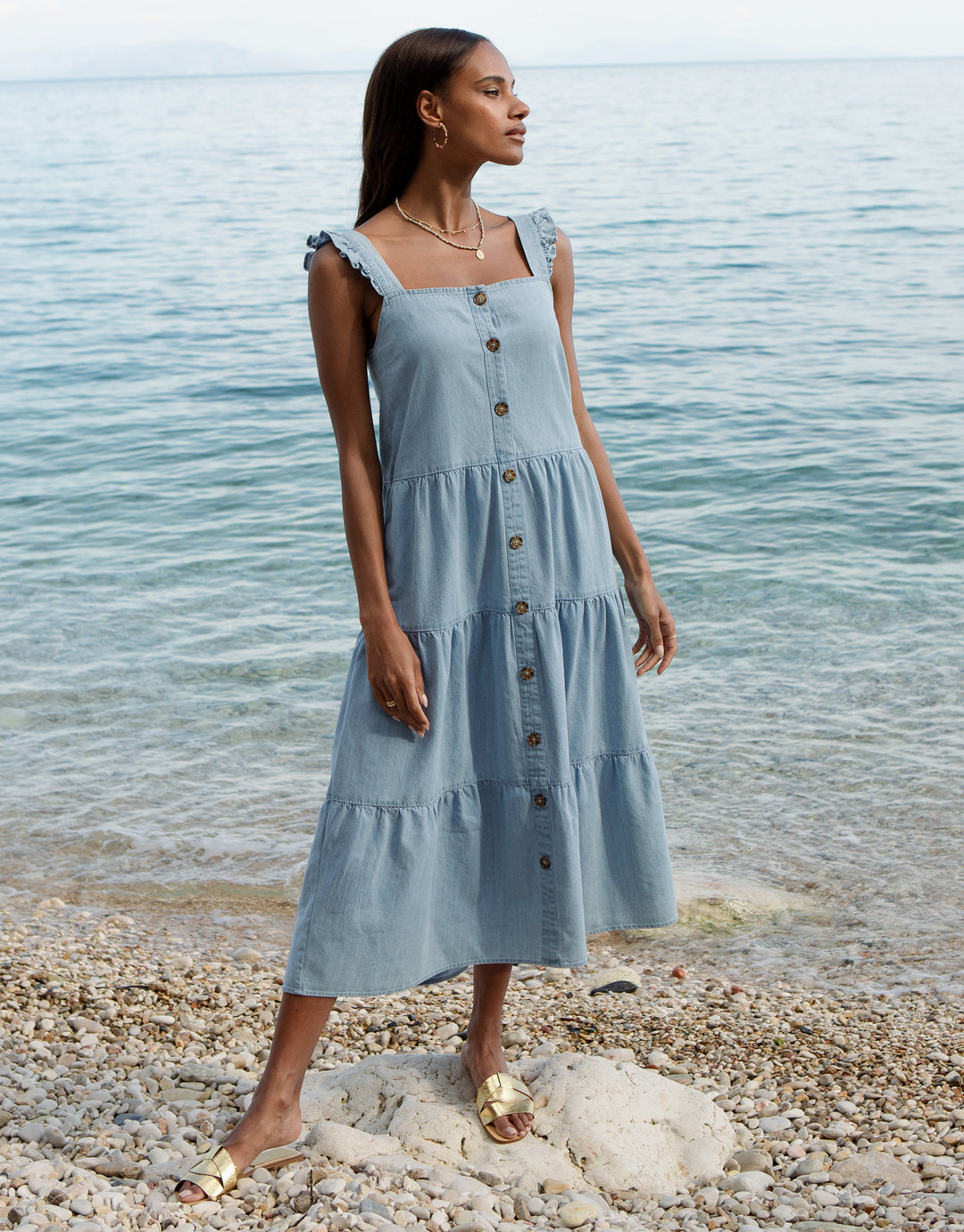 Casual Knee Length Ladies Dresses Cheap Day Dresses Uk Threadbare Women's Light Blue Chambray Button Down Tiered Ladies' Midi Dress With Flutter Straps Casual Knee Length Ladies Dresses Cheap Day Dresses Uk Threadbare Women's Light Blue Chambray Button Down Tiered Ladies' Midi Dress With Flutter Straps